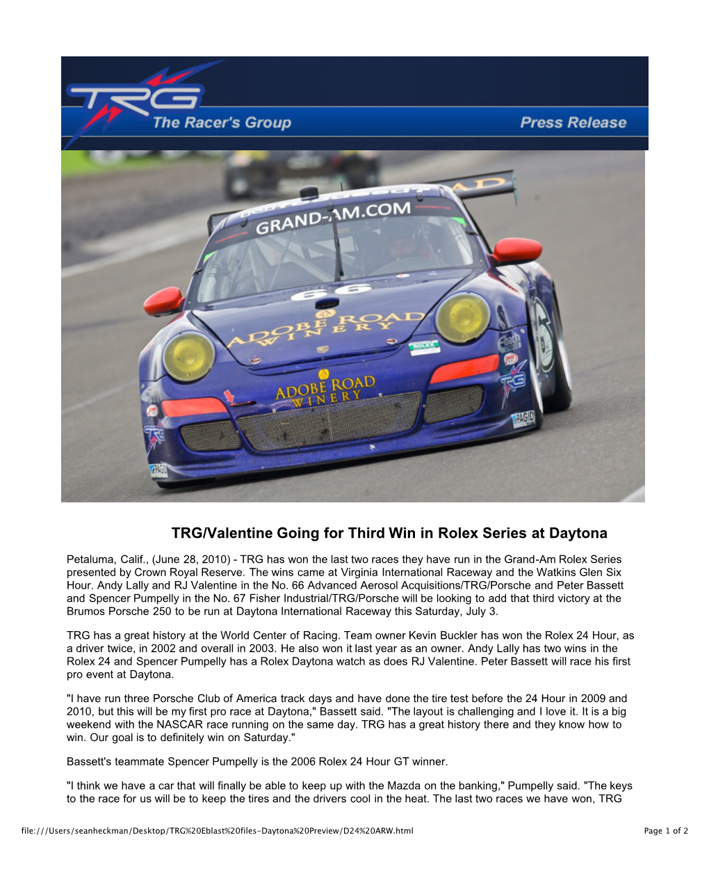TRG/Valentine Going for Third Win in Rolex Series at Daytona