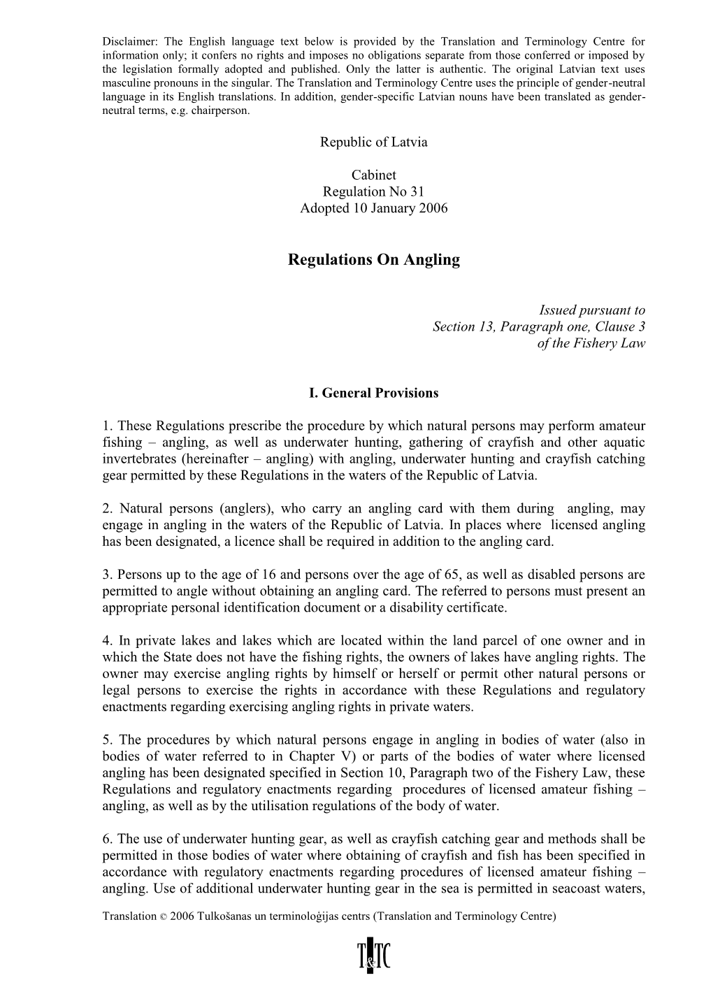 Regulations on Angling