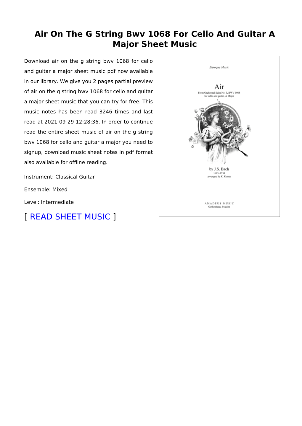 Air on the G String Bwv 1068 for Cello and Guitar a Major Sheet Music