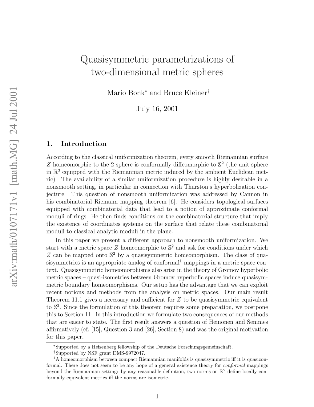 Quasisymmetric Parametrizations of Two-Dimensional Metric Spheres