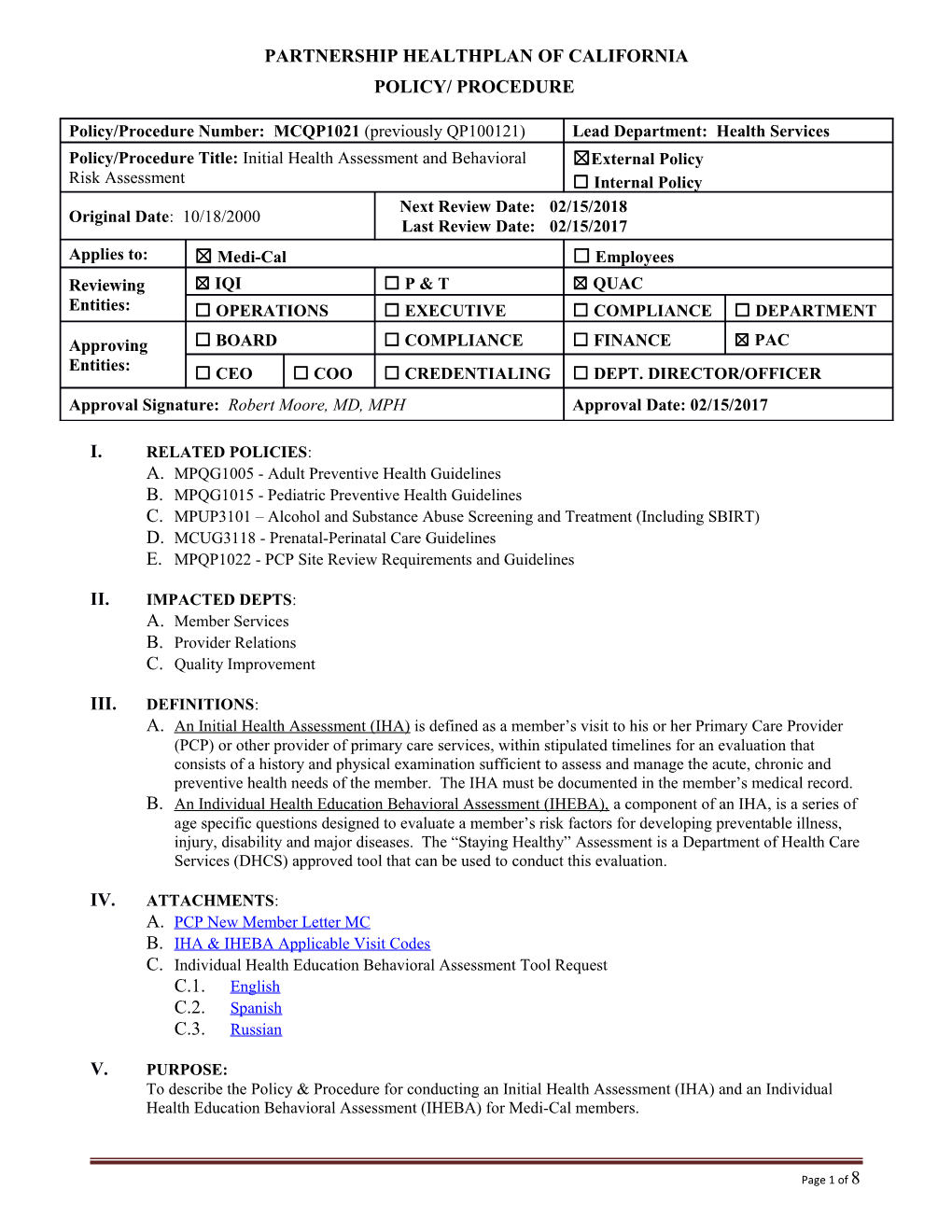 Initial Health Assessment and Behavioral Risk Assessment