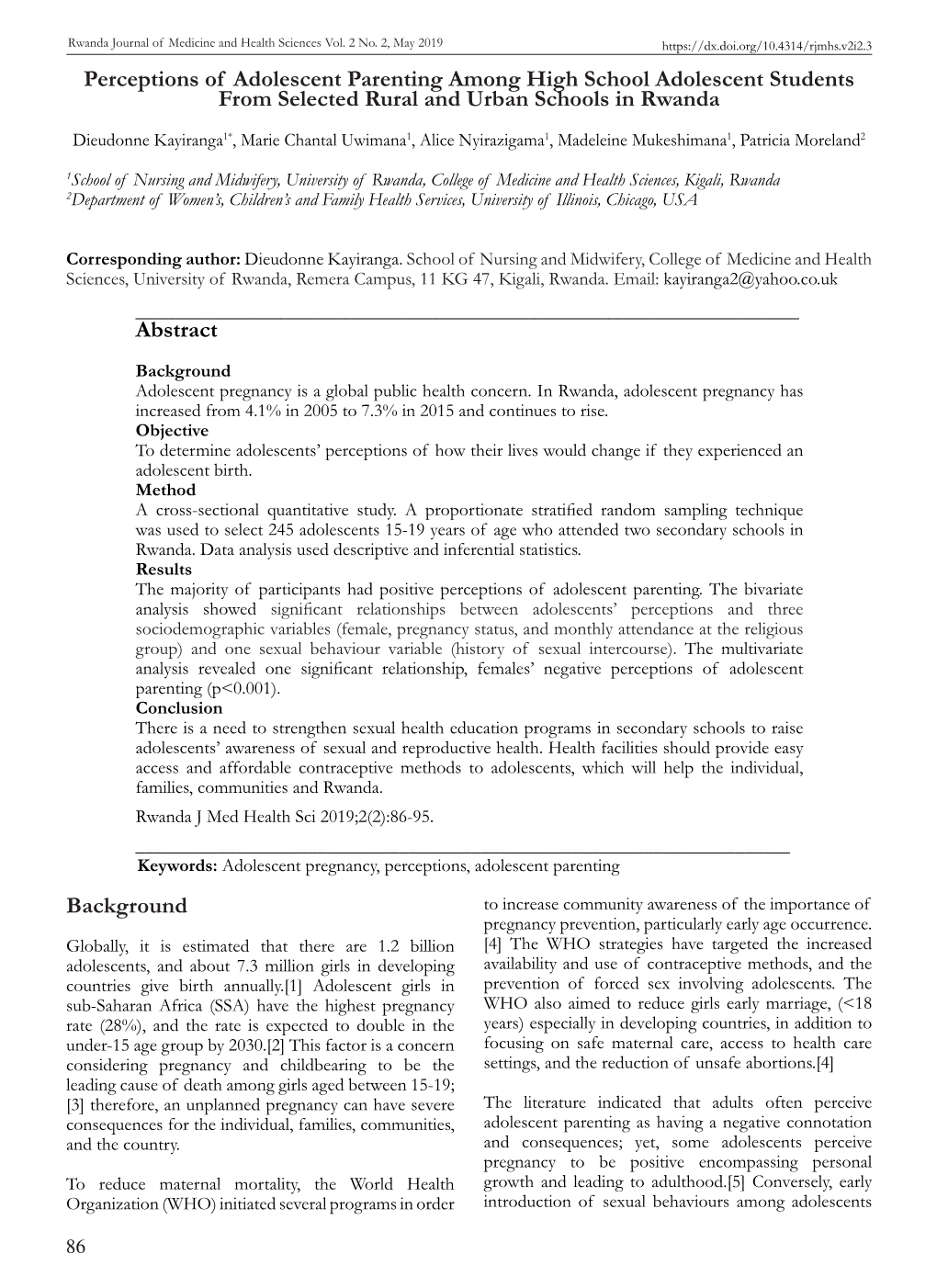 Perceptions of Adolescent Parenting Among High School Adolescent Students from Selected Rural and Urban Schools in Rwanda