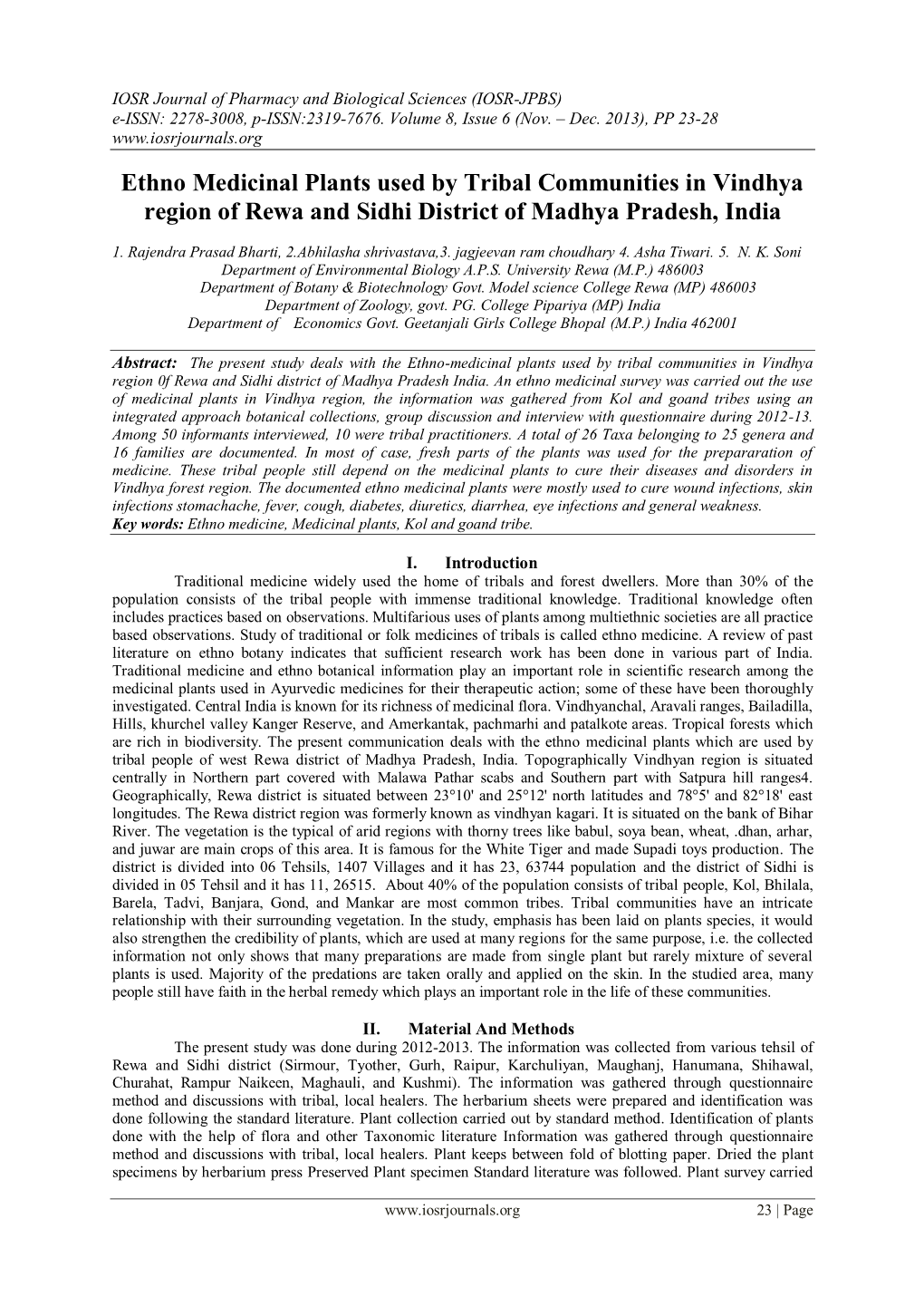 Ethno Medicinal Plants Used by Tribal Communities in Vindhya Region of Rewa and Sidhi District of Madhya Pradesh, India