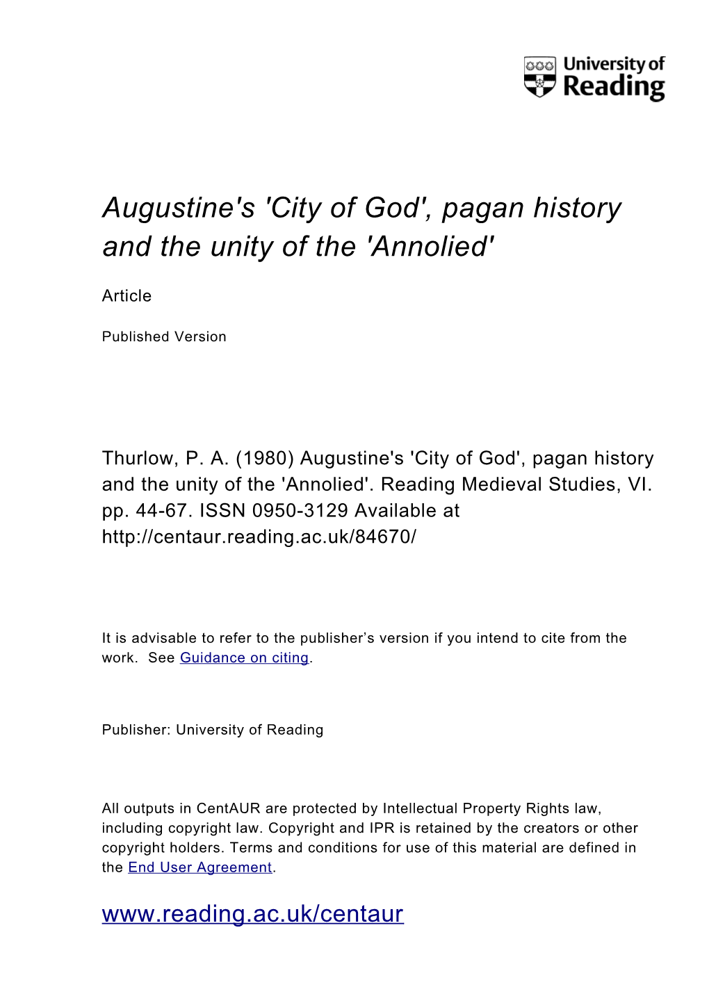 Augustine's 'City of God', Pagan History and the Unity of the 'Annolied'