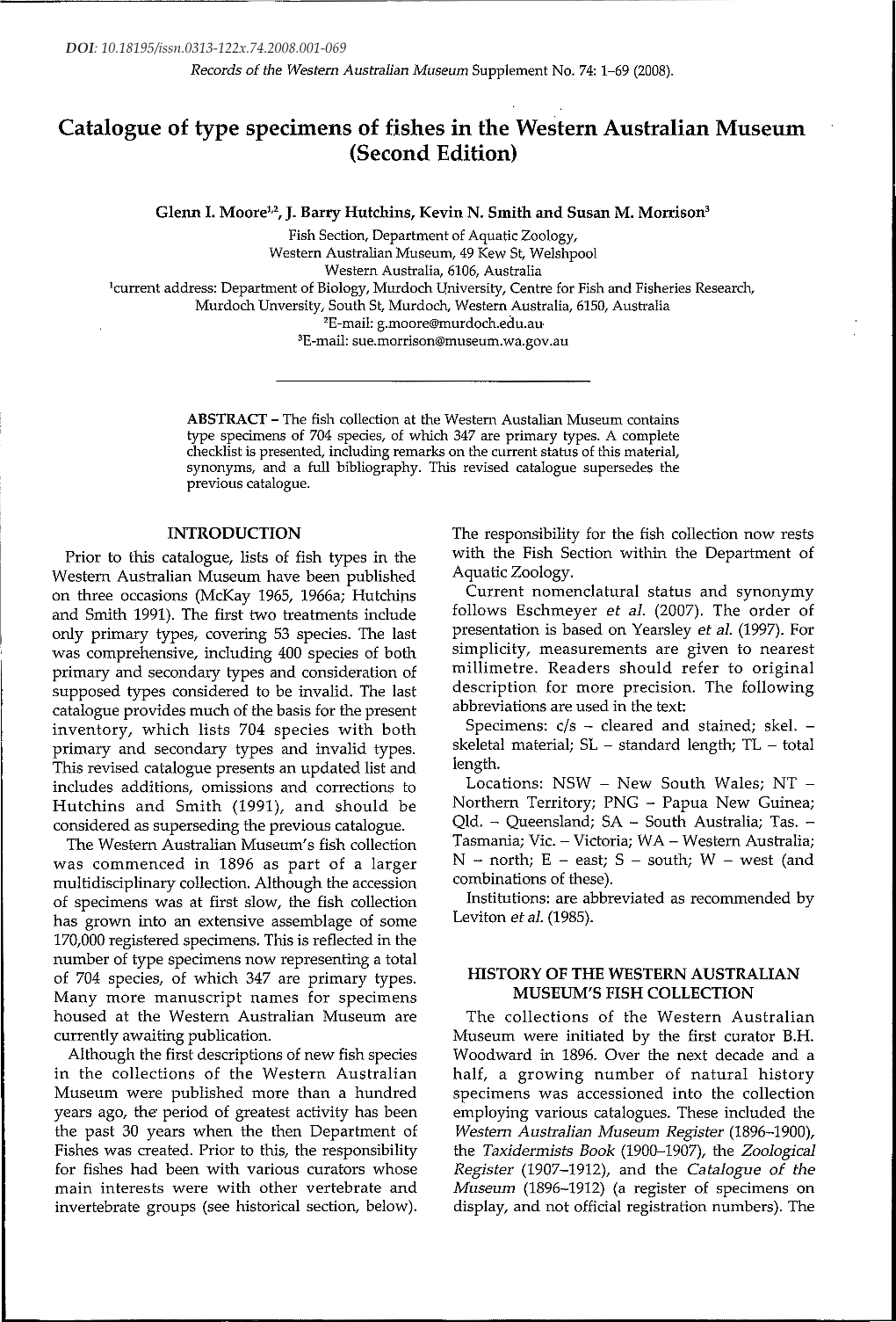 Catalogue of Type Specimens of Fishes in the Western Australian Museum (Second Edition)