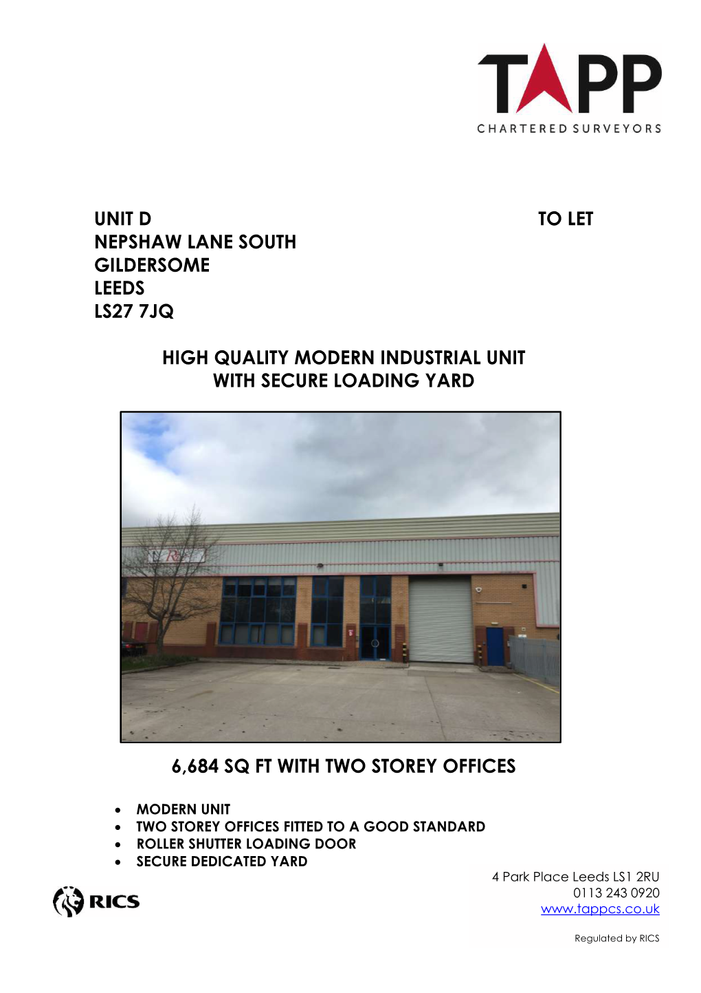 Unit D to Let Nepshaw Lane South Gildersome Leeds Ls27 7Jq