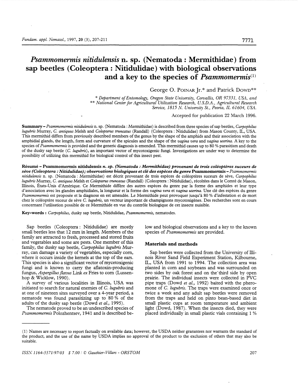 Nematoda: Mermithidae) from Sap Beetles (Coleoptera: Nitidulidae) with Biological Observations and a Key to the Species of Psammomermis(1