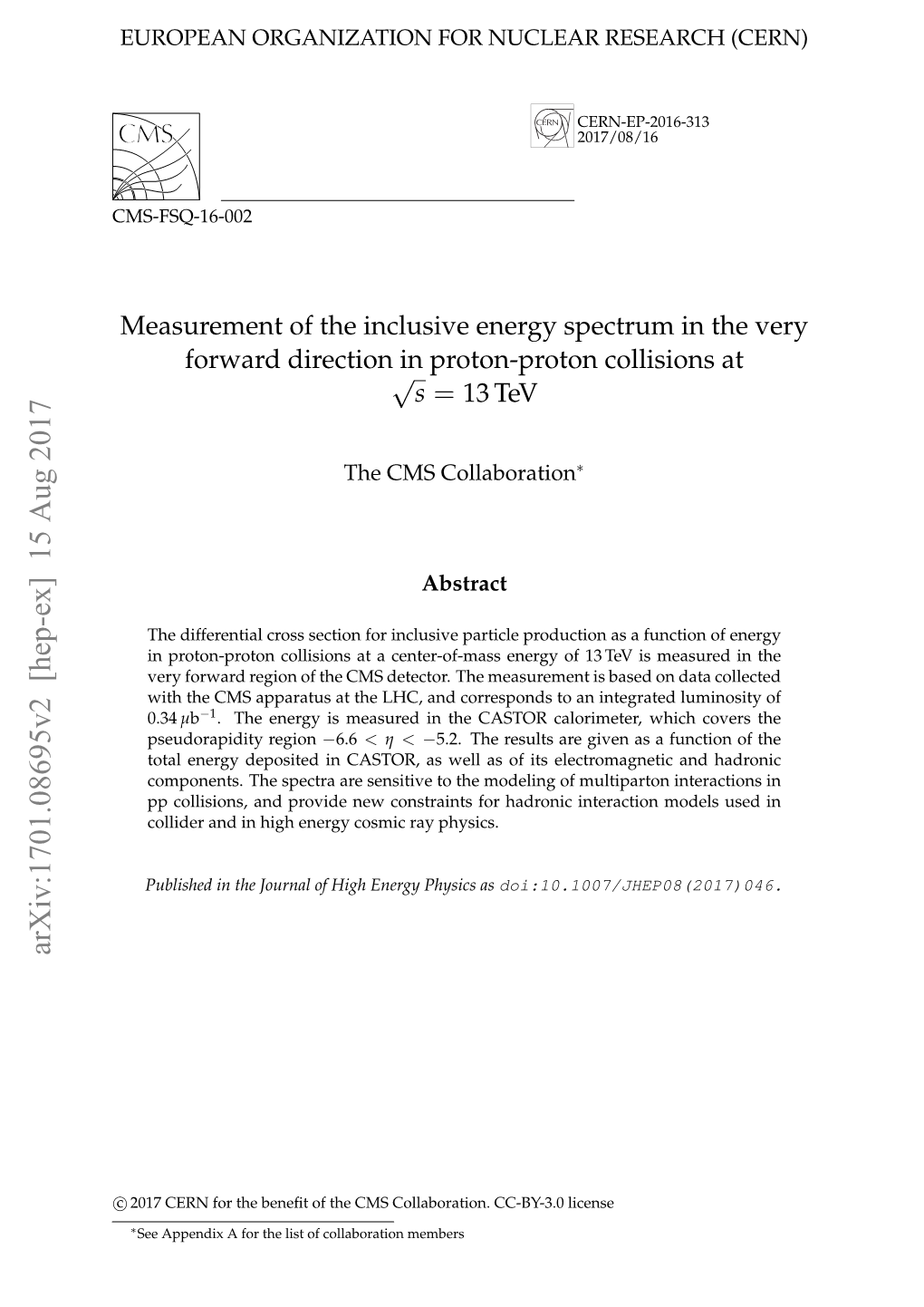 Measurement of the Inclusive Energy Spectrum in the Very Forward Direction√ in Proton-Proton Collisions at S = 13 Tev