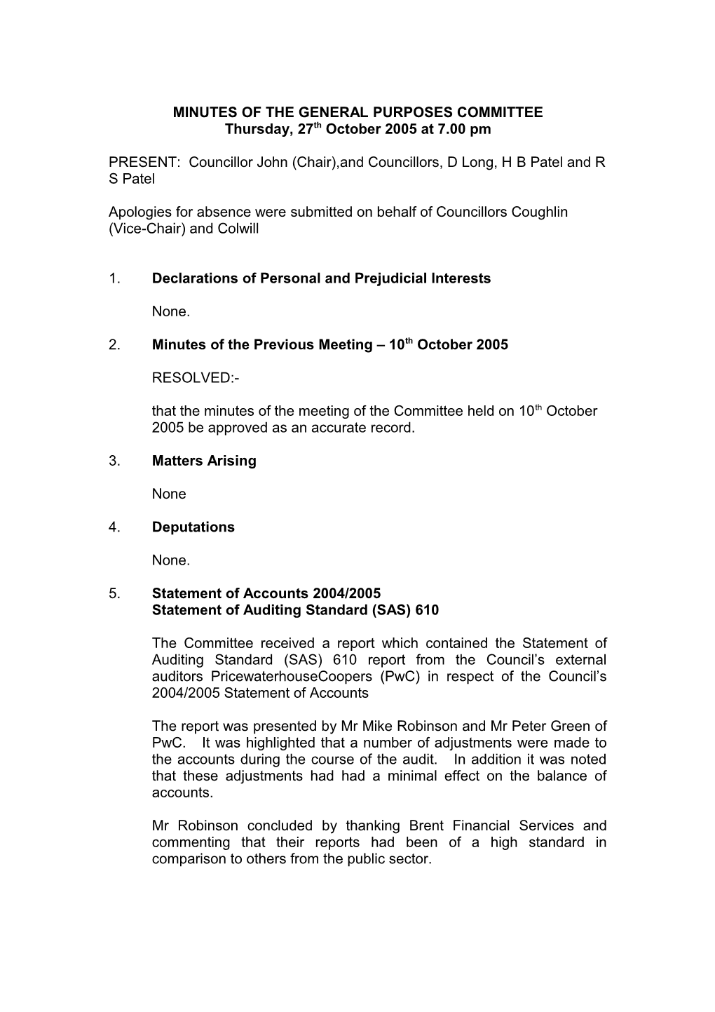 Minutes of the General Purposes Committee