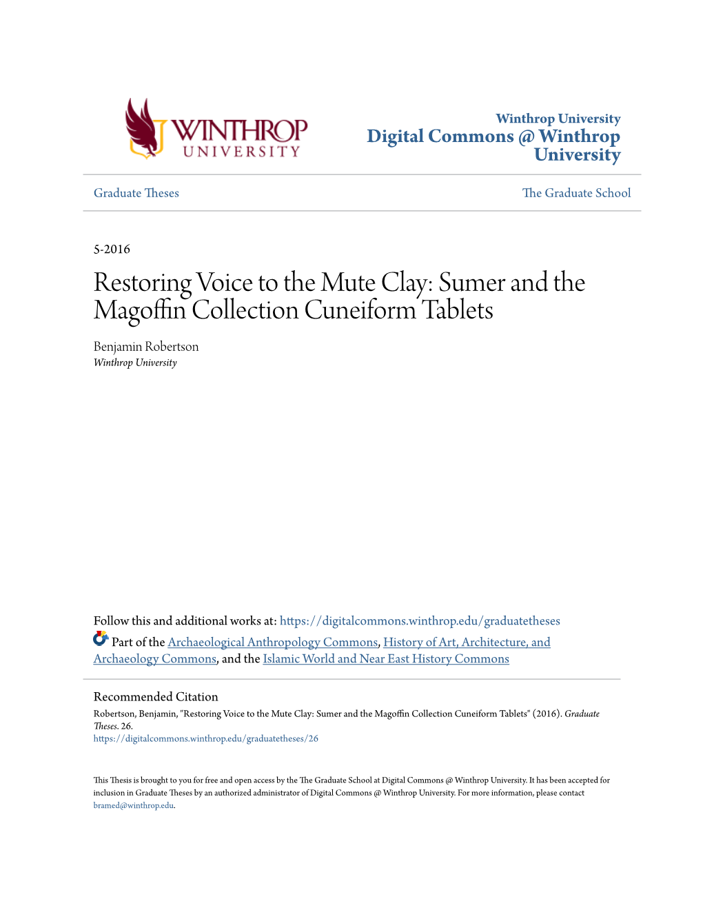 Sumer and the Magoffin Collection Cuneiform Tablets.” We Recommend Acceptance in Partial Ful- Fillment of the Requirements for the Degree of Master of Arts