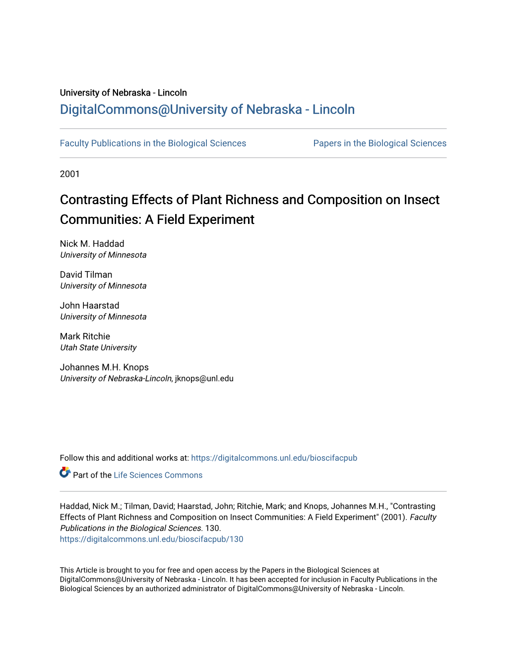 Contrasting Effects of Plant Richness and Composition on Insect Communities: a Field Experiment