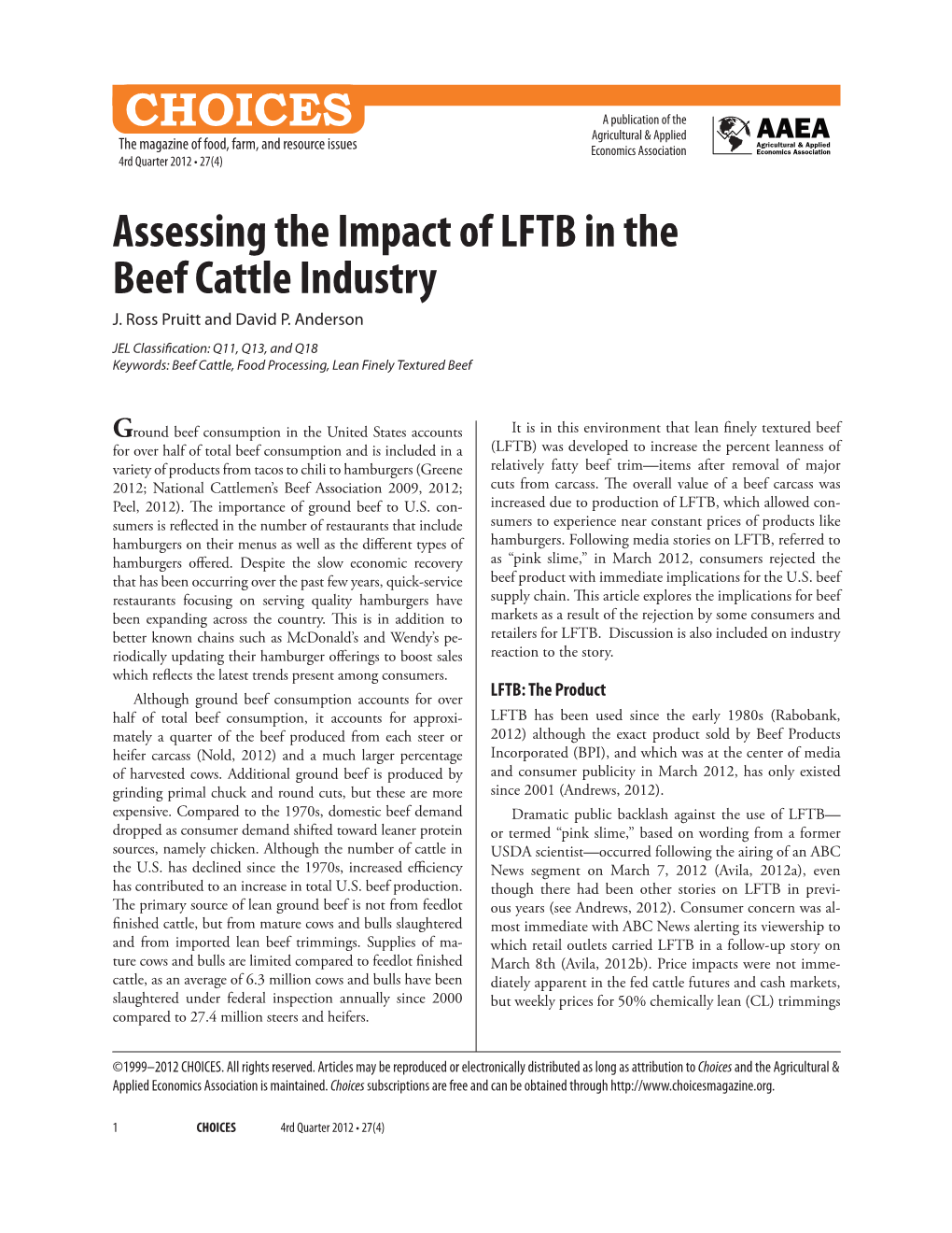 Assessing the Impact of LFTB in the Beef Cattle Industry J