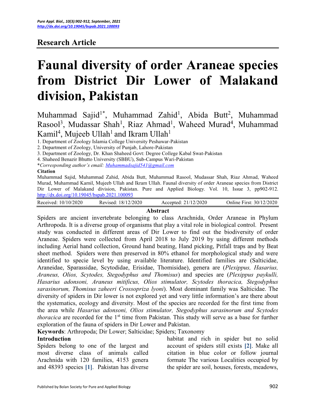 Faunal Diversity of Order Araneae Species from District Dir Lower of Malakand Division, Pakistan