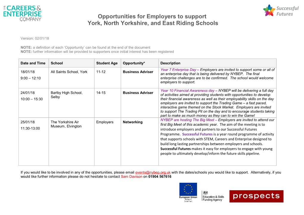 Opportunities for Employers to Support York, North Yorkshire, and East Riding Schools