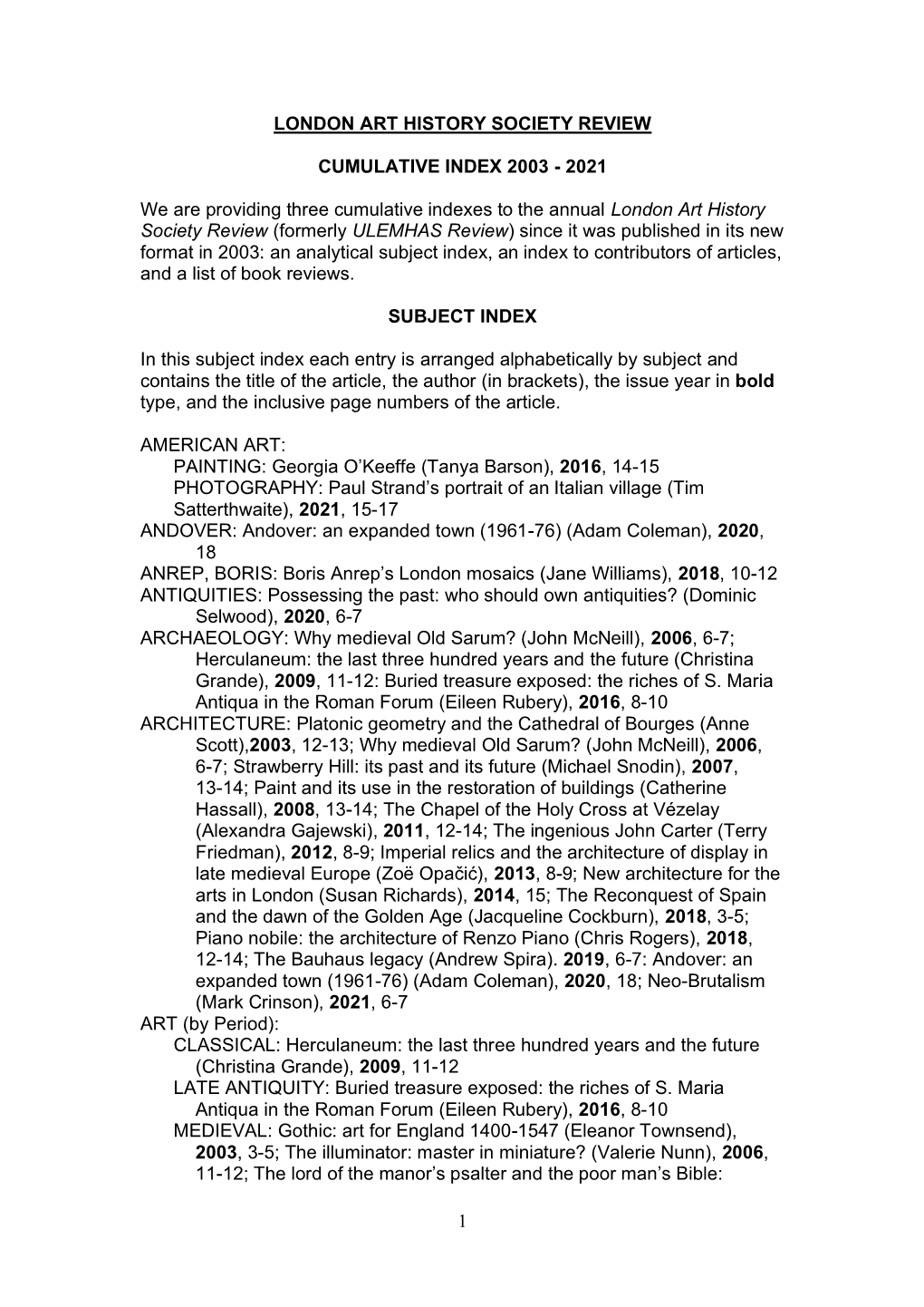 1 London Art History Society Review Cumulative Index 2003