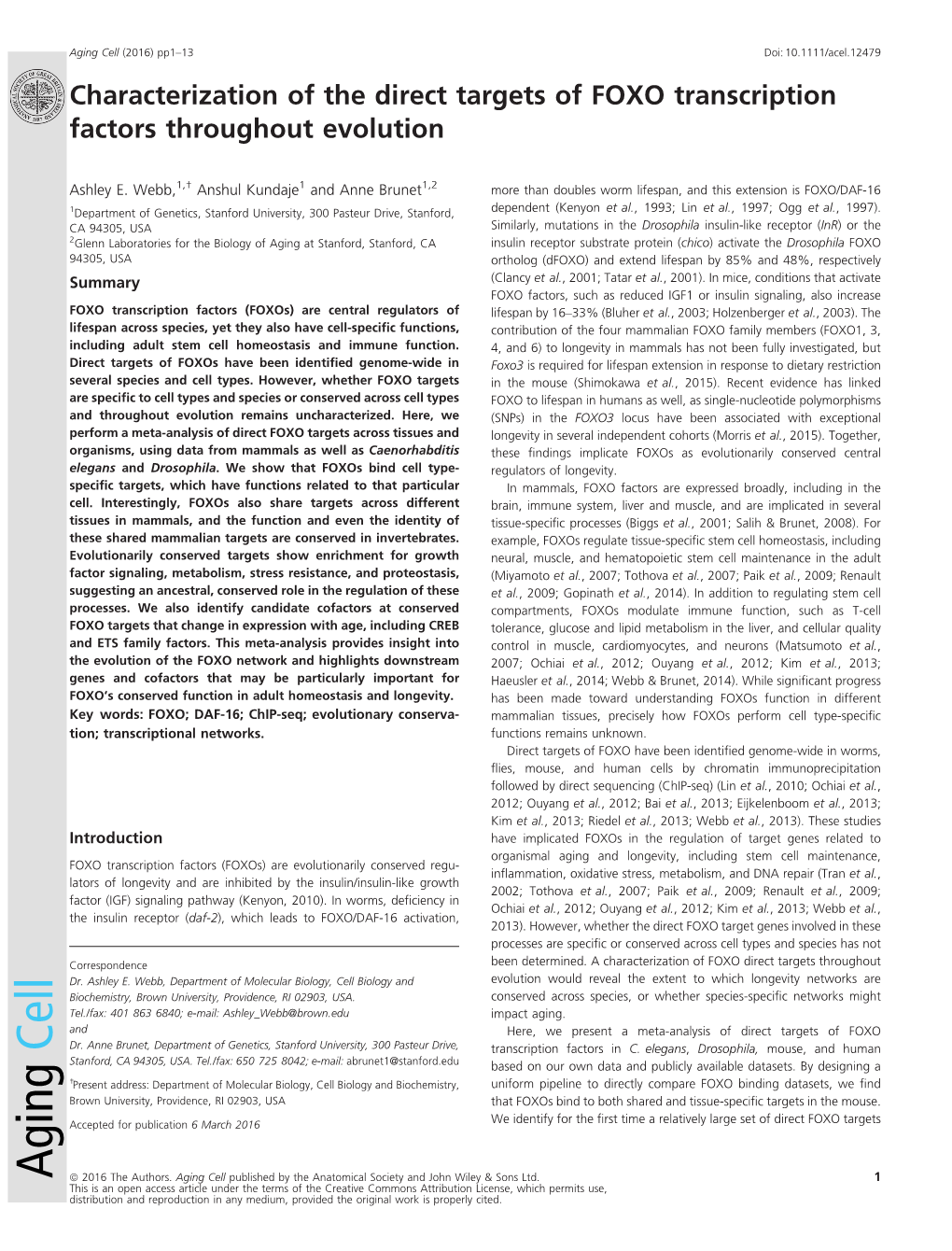 Characterization of the Direct Targets of FOXO Transcription Factors Throughout Evolution