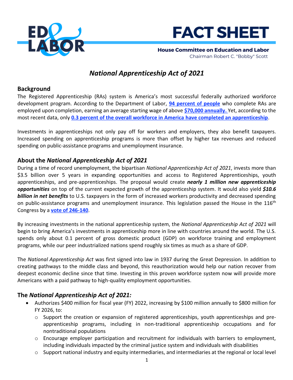 National Apprenticeship Act of 2021 Factsheet