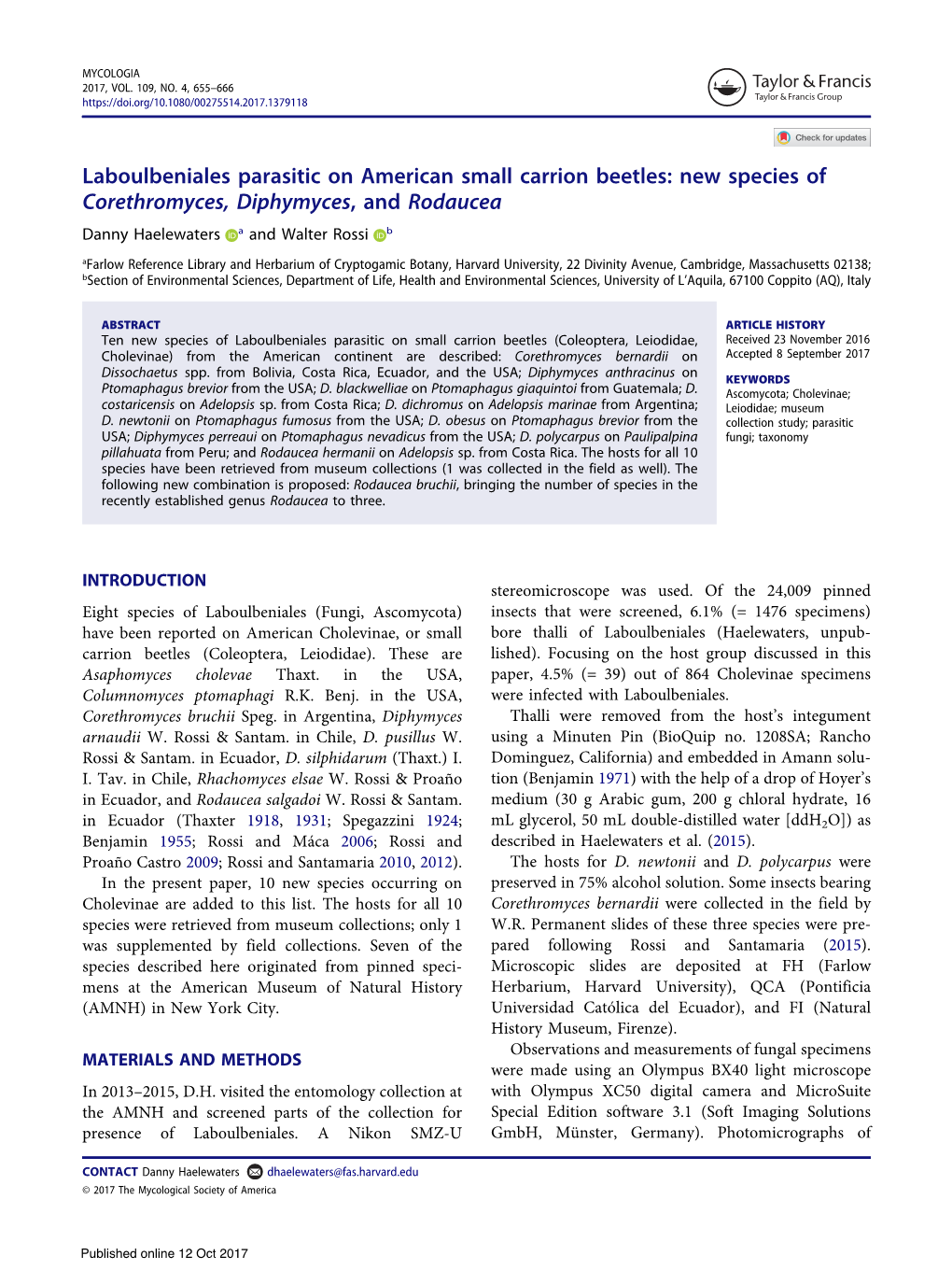 Laboulbeniales Parasitic on American Small Carrion Beetles: New Species