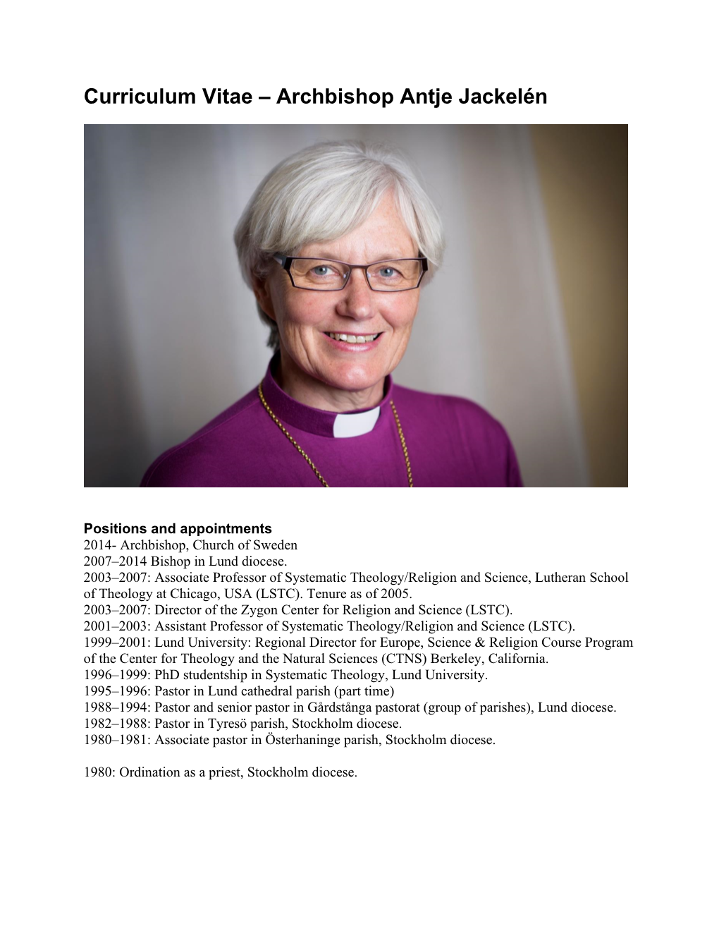 Curriculum Vitae – Archbishop Antje Jackelén