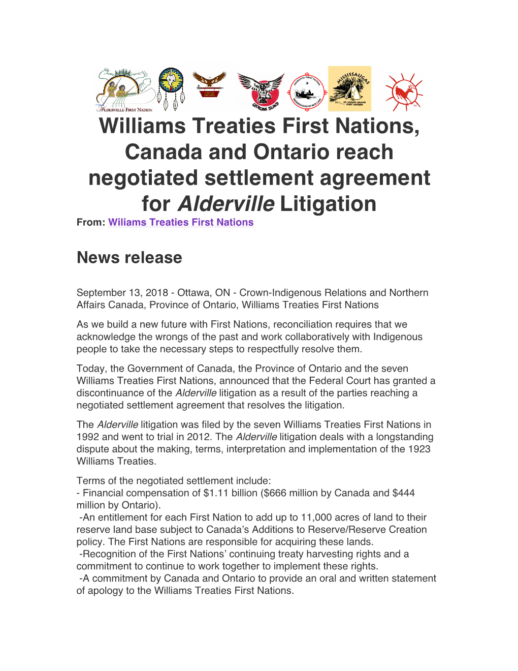 Williams Treaties First Nations, Canada and Ontario Reach Negotiated Settlement Agreement
