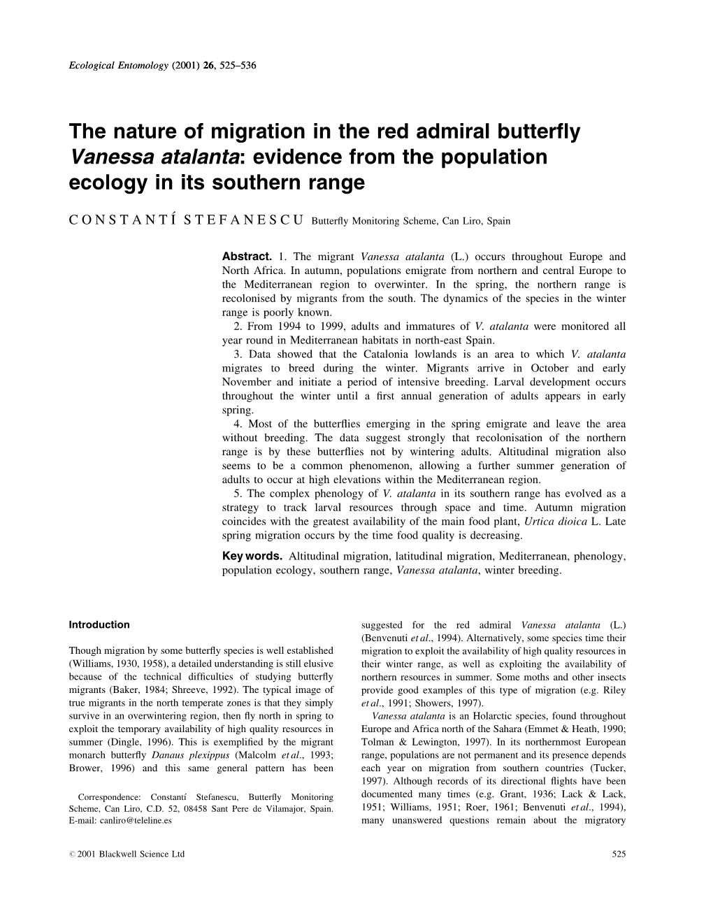 The Nature of Migration in the Red Admiral Butterfly Vanessa Atalanta