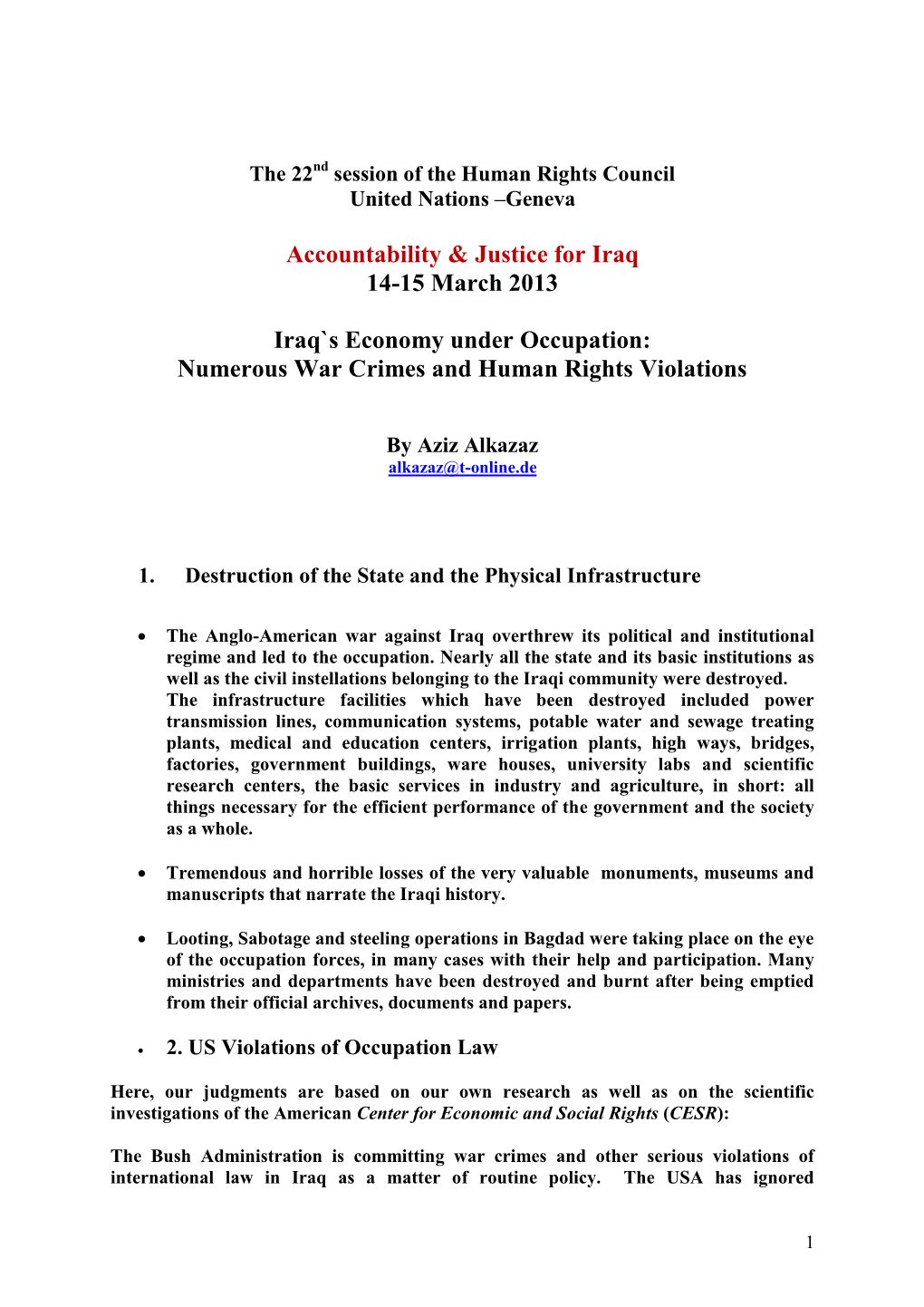 Impact of the Occupation on the Iraqi People and Ecomomy