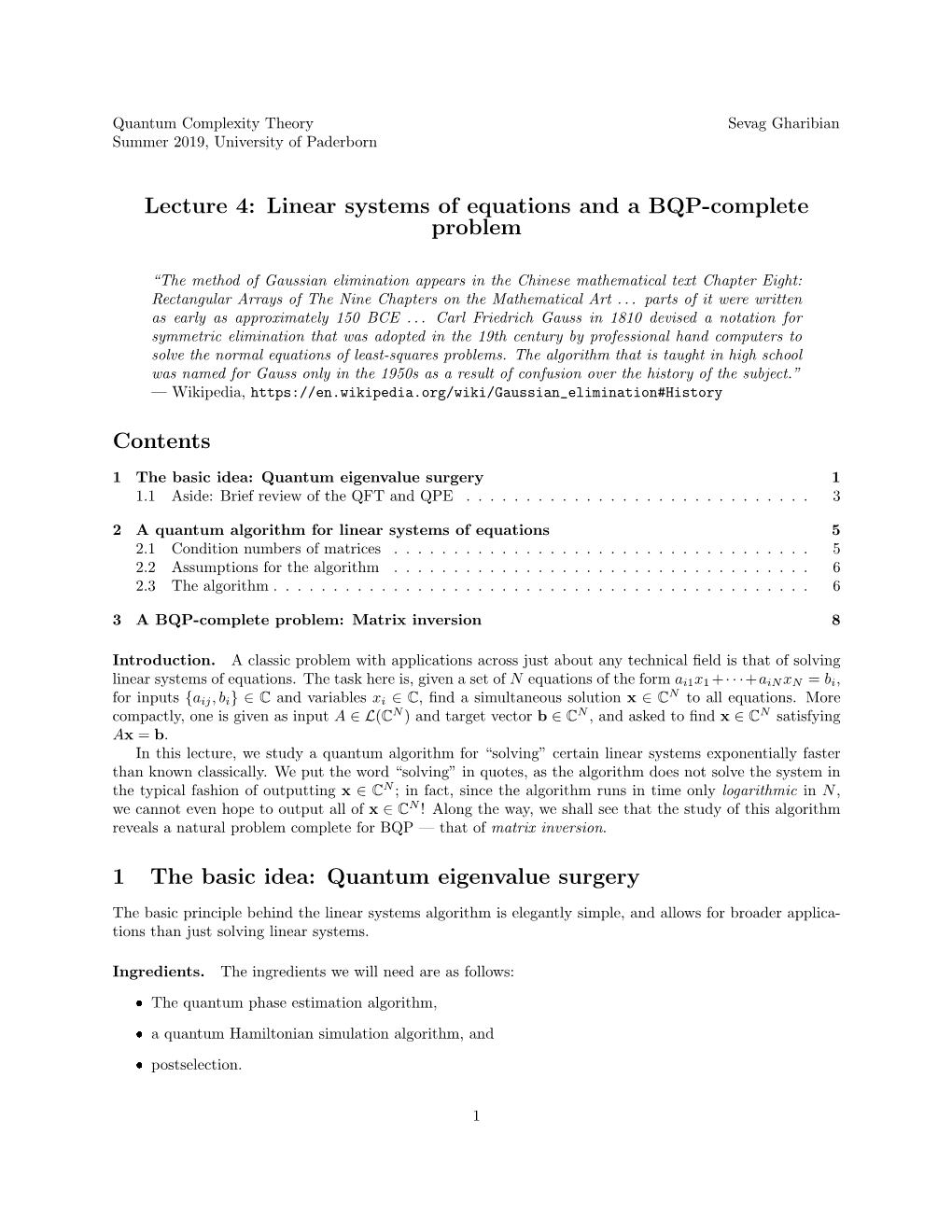 Lecture 4: Linear Systems of Equations and a BQP-Complete Problem