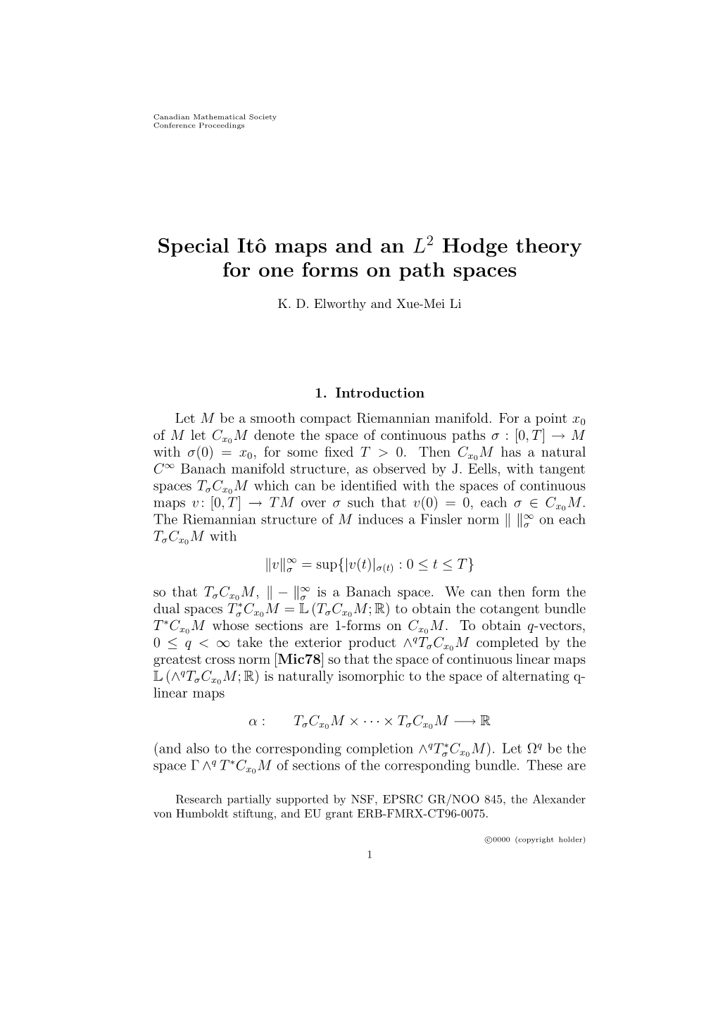 Special Itô Maps and an L2 Hodge Theory for One Forms on Path Spaces