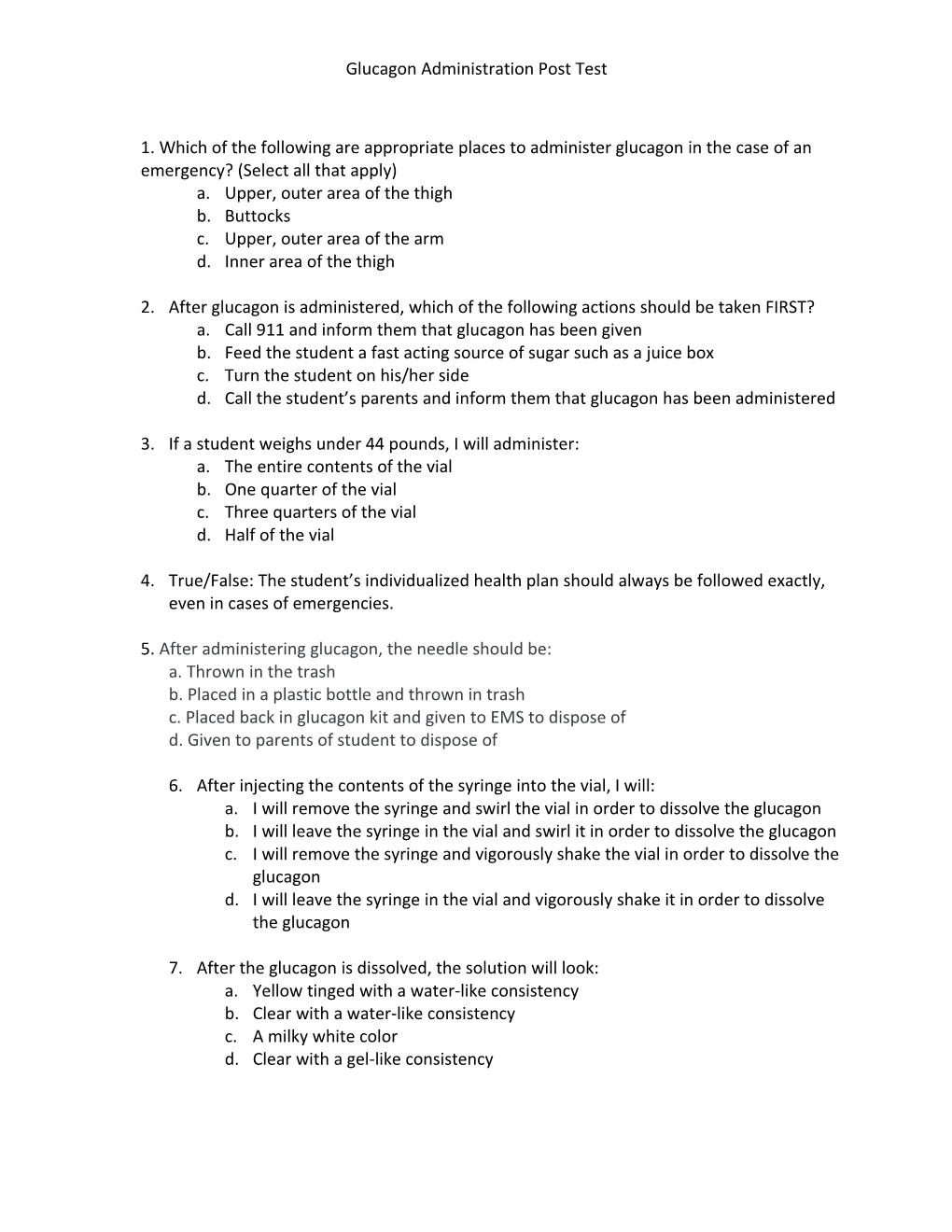 Glucagon Administration Post Test