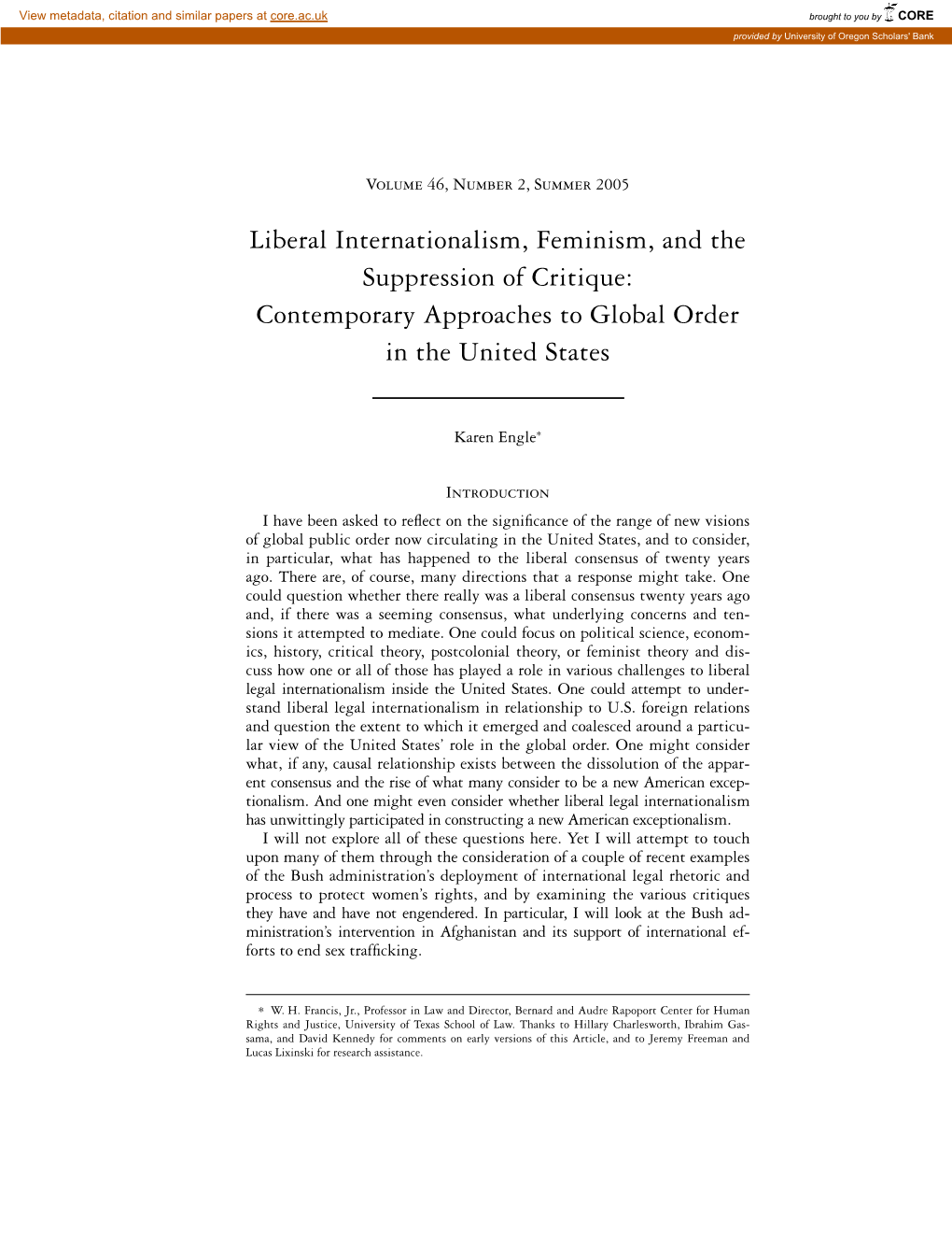 Liberal Internationalism, Feminism, and the Suppression of Critique: Contemporary Approaches to Global Order in the United States