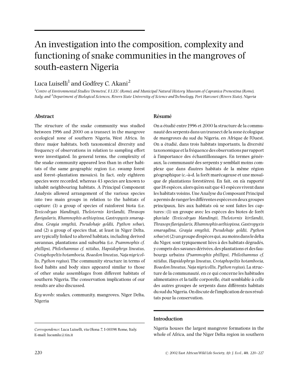 An Investigation Into the Composition, Complexity and Functioning of Snake Communities in the Mangroves of South-Eastern Nigeria