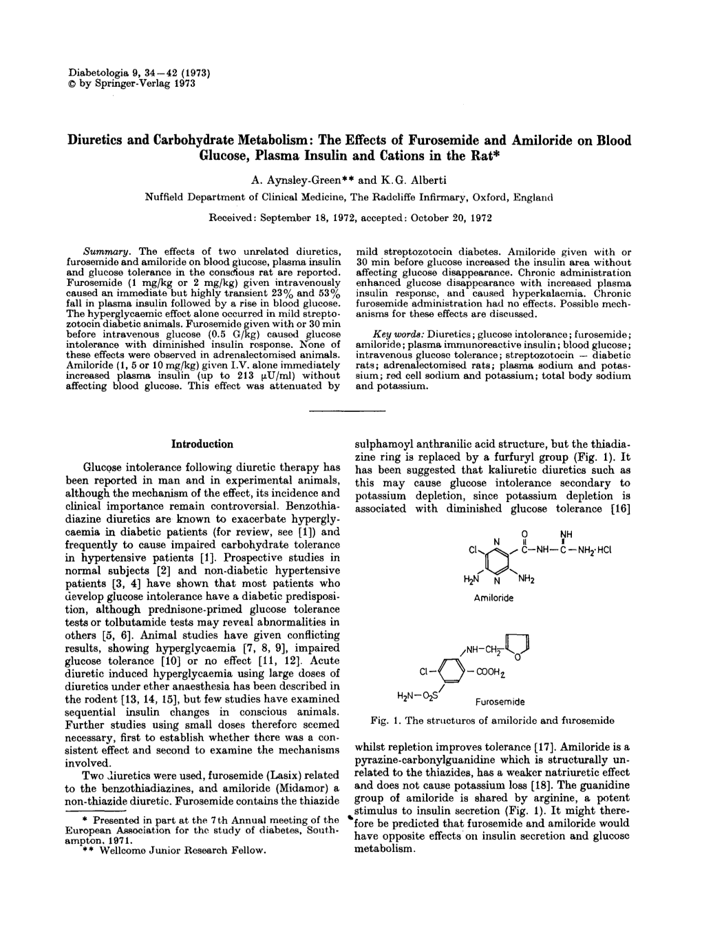 Diuretics and Carbohydrate Metabolism: the Effects of Furosemide and Amiloride on Blood Glucose, Plasma Insulin and Cations in the Rat*