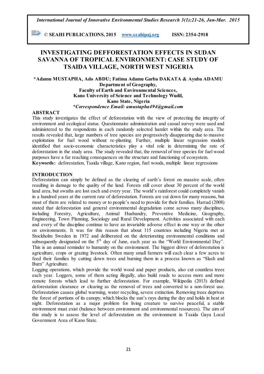 Investigating Defforestation Effects in Sudan Savanna of Tropical Environment: Case Study of Tsaida Village, North West Nigeria