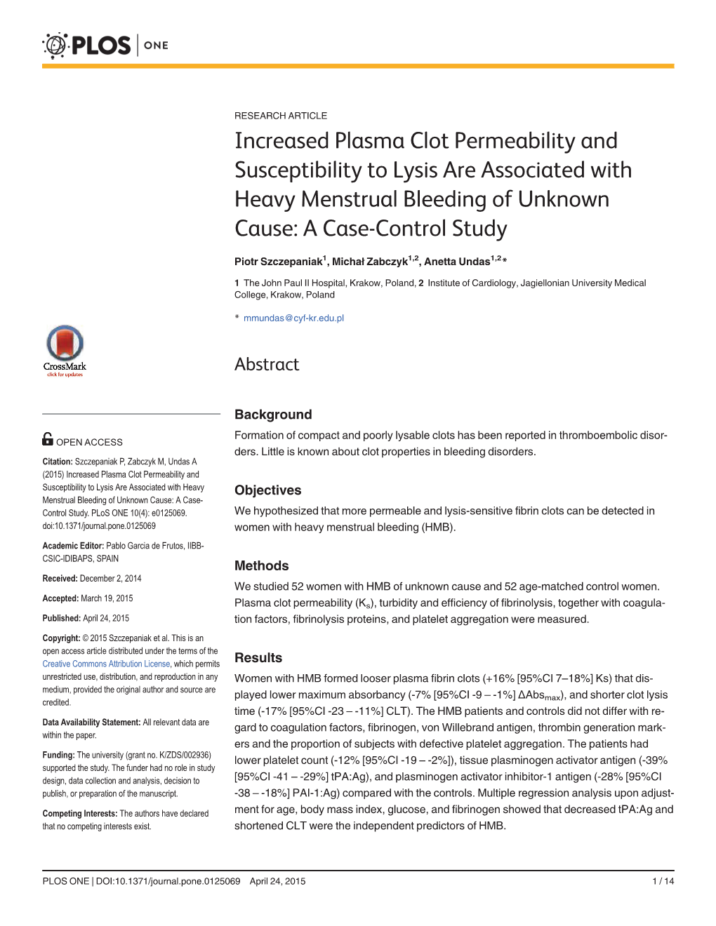 Increased Plasma Clot Permeability and Susceptibility to Lysis Are Associated with Heavy Menstrual Bleeding of Unknown Cause: a Case-Control Study