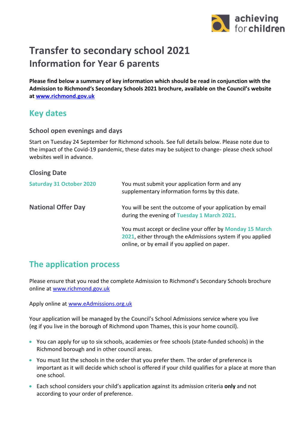 Transfer to Secondary School 2021 Information for Year 6 Parents