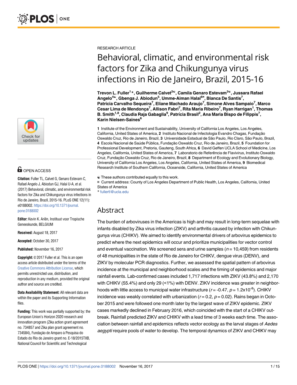 Behavioral, Climatic, and Environmental Risk Factors for Zika and Chikungunya Virus Infections in Rio De Janeiro, Brazil, 2015-16