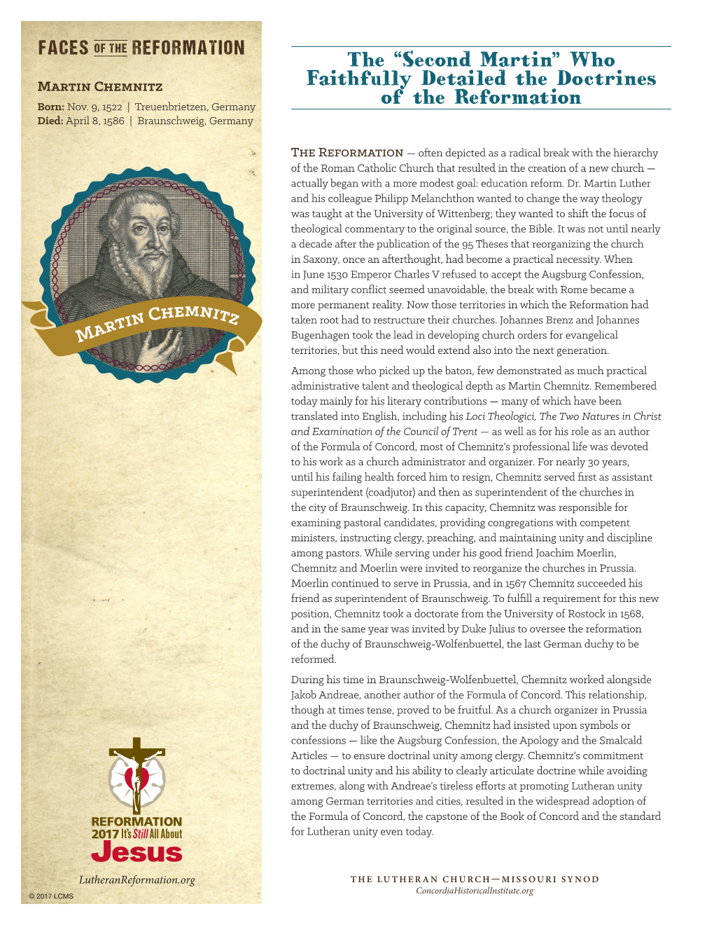 Reformation 2017, Faces of the Reformation, Martin Chemnitz Handout