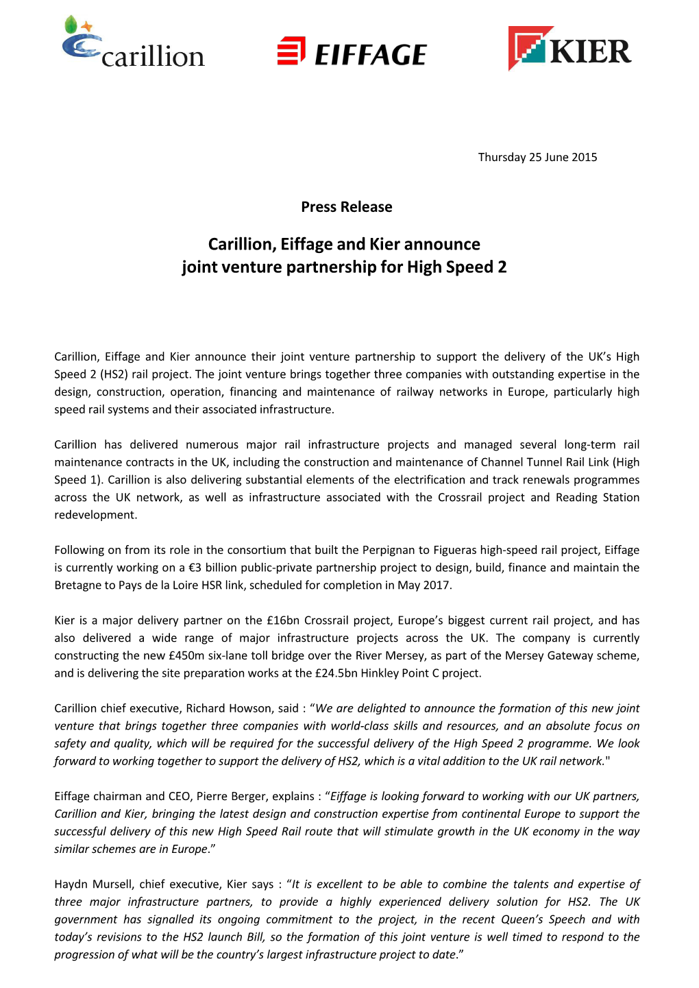 Carillion, Eiffage and Kier Announce Joint Venture Partnership for High Speed 2