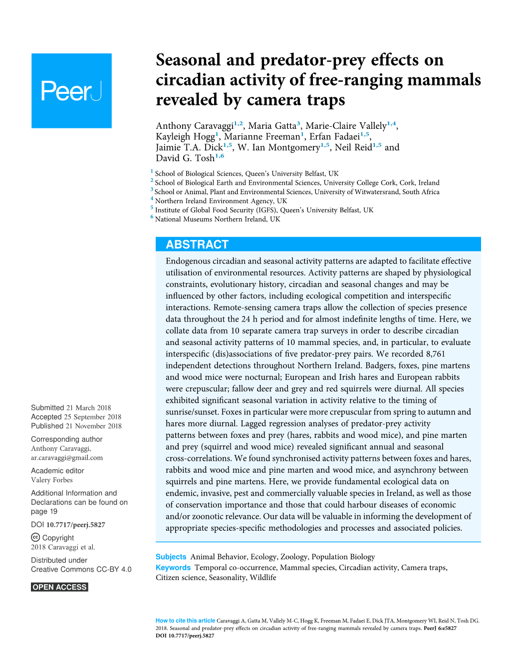 Seasonal and Predator-Prey Effects on Circadian Activity of Free-Ranging Mammals Revealed by Camera Traps