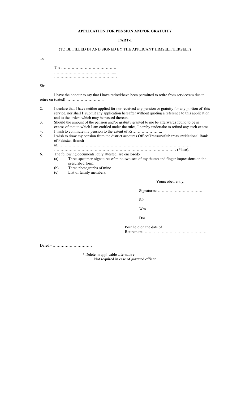 Application for Pension And/Or Gratuity