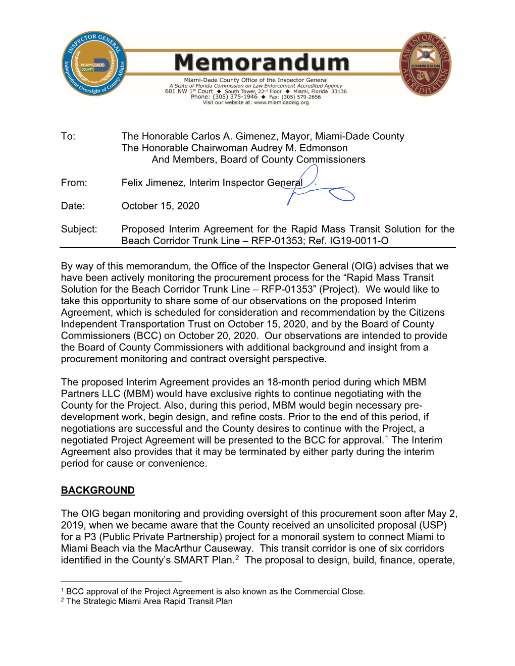 Proposed Interim Agreement for the Rapid Mass Transit Solution for the Beach Corridor Trunk Line – RFP-01353; Ref