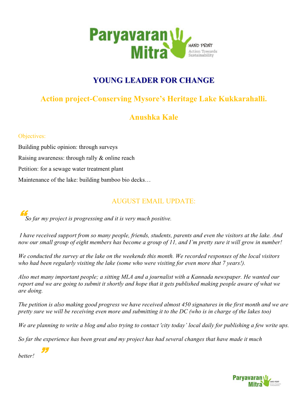 YOUNG LEADER for CHANGE Action Project-Conserving Mysore's