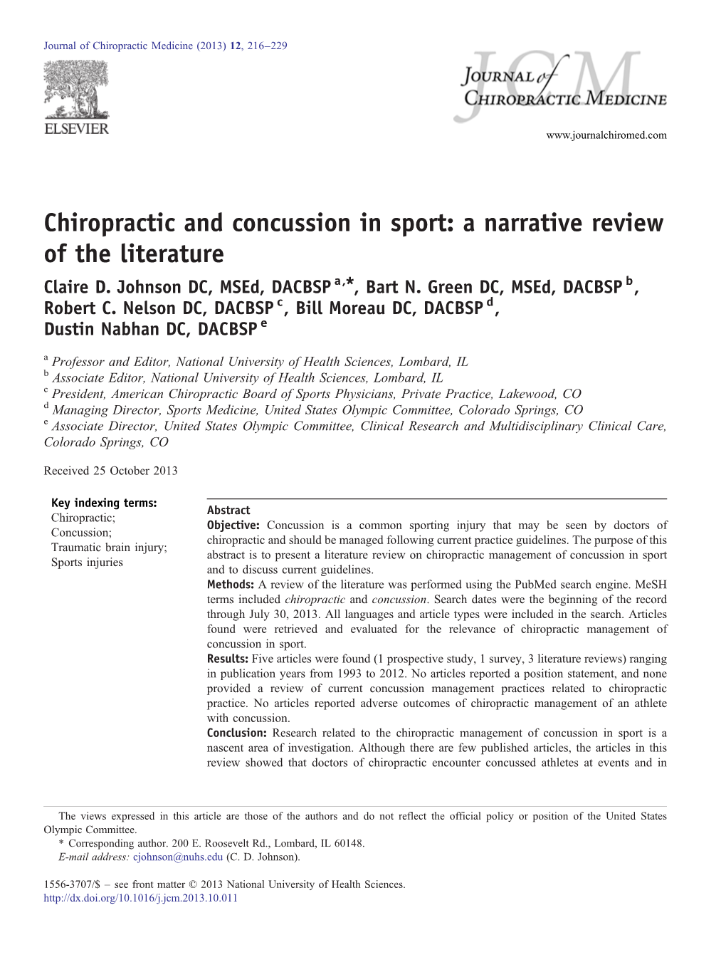 Chiropractic and Concussion in Sport: a Narrative Review of the Literature ⁎ Claire D