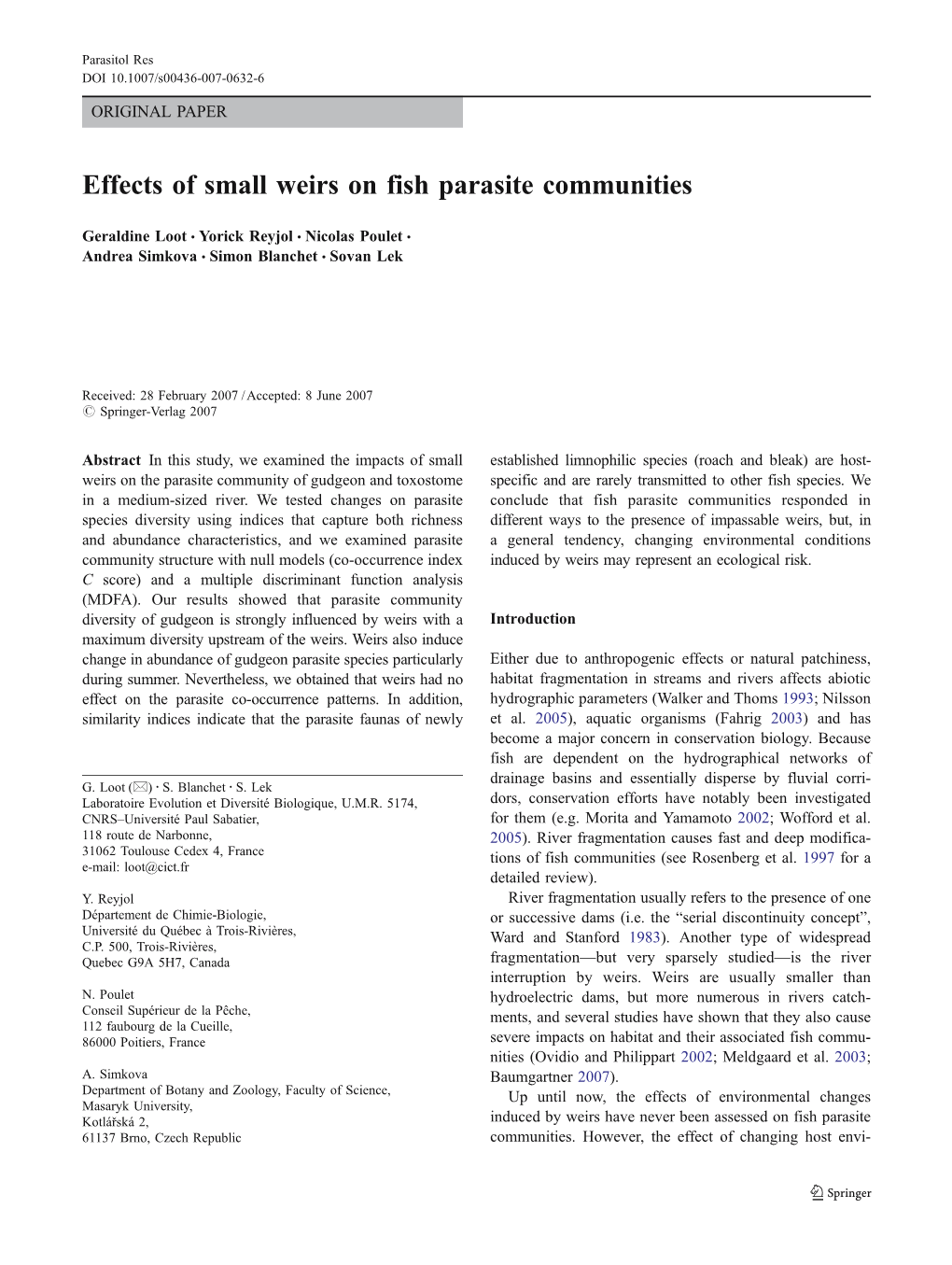 Effects of Small Weirs on Fish Parasite Communities