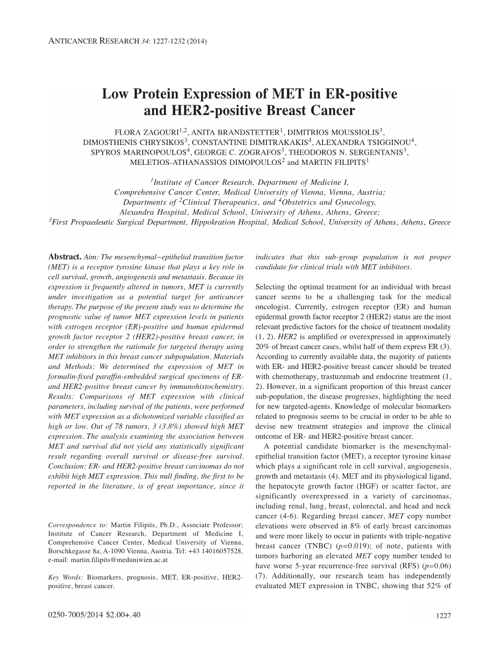 Low Protein Expression of MET in ER-Positive and HER2-Positive Breast Cancer