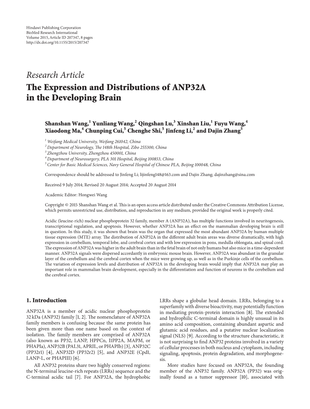 The Expression and Distributions of ANP32A in the Developing Brain
