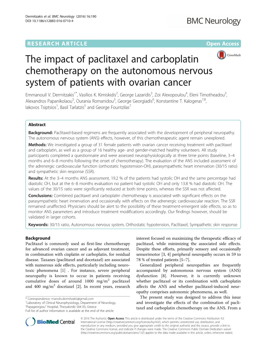The Impact of Paclitaxel and Carboplatin Chemotherapy on the Autonomous Nervous System of Patients with Ovarian Cancer Emmanouil V