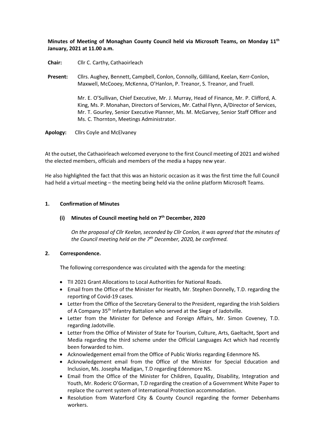Council Meeting Minutes 11Th January 2021