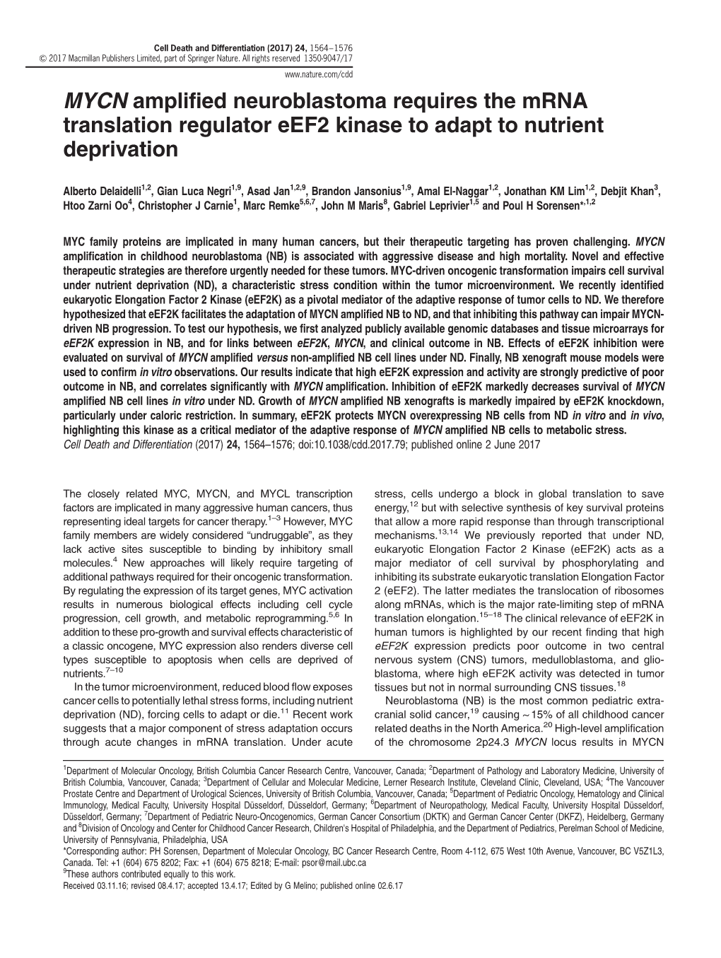 MYCN Amplified Neuroblastoma Requires the Mrna Translation Regulator Eef2 Kinase to Adapt to Nutrient Deprivation