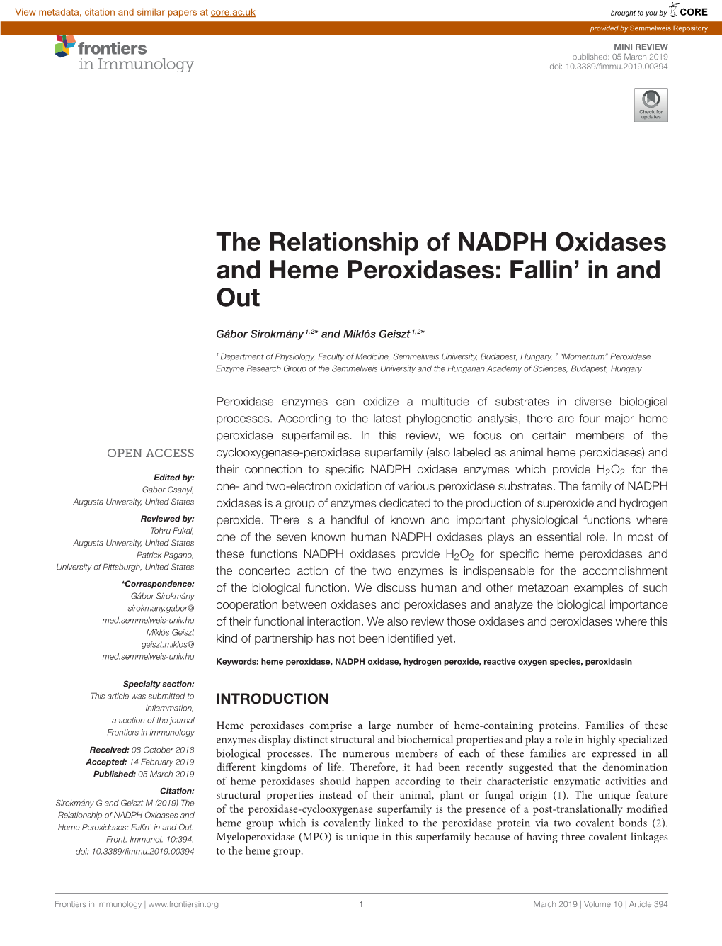 The Relationship of NADPH Oxidases and Heme Peroxidases: Fallin’ in and Out